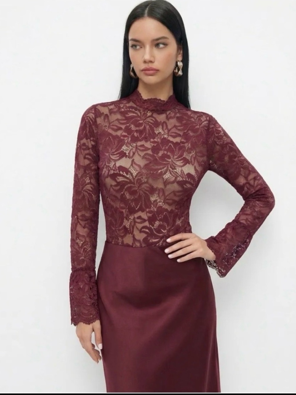 Cider Burgundy Floral Lace High-Neck Long-Sleeve Bodysuit Size M New With Tags